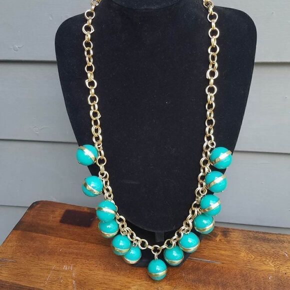 Gorgeous! J Crew Statement Turquoise Aqua Large Bead Balls with Brass Accents - Picture 1 of 8
